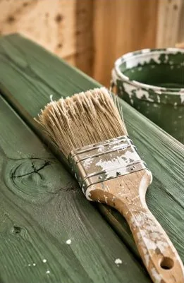 Pinsel auf grün gestrichenem Holz